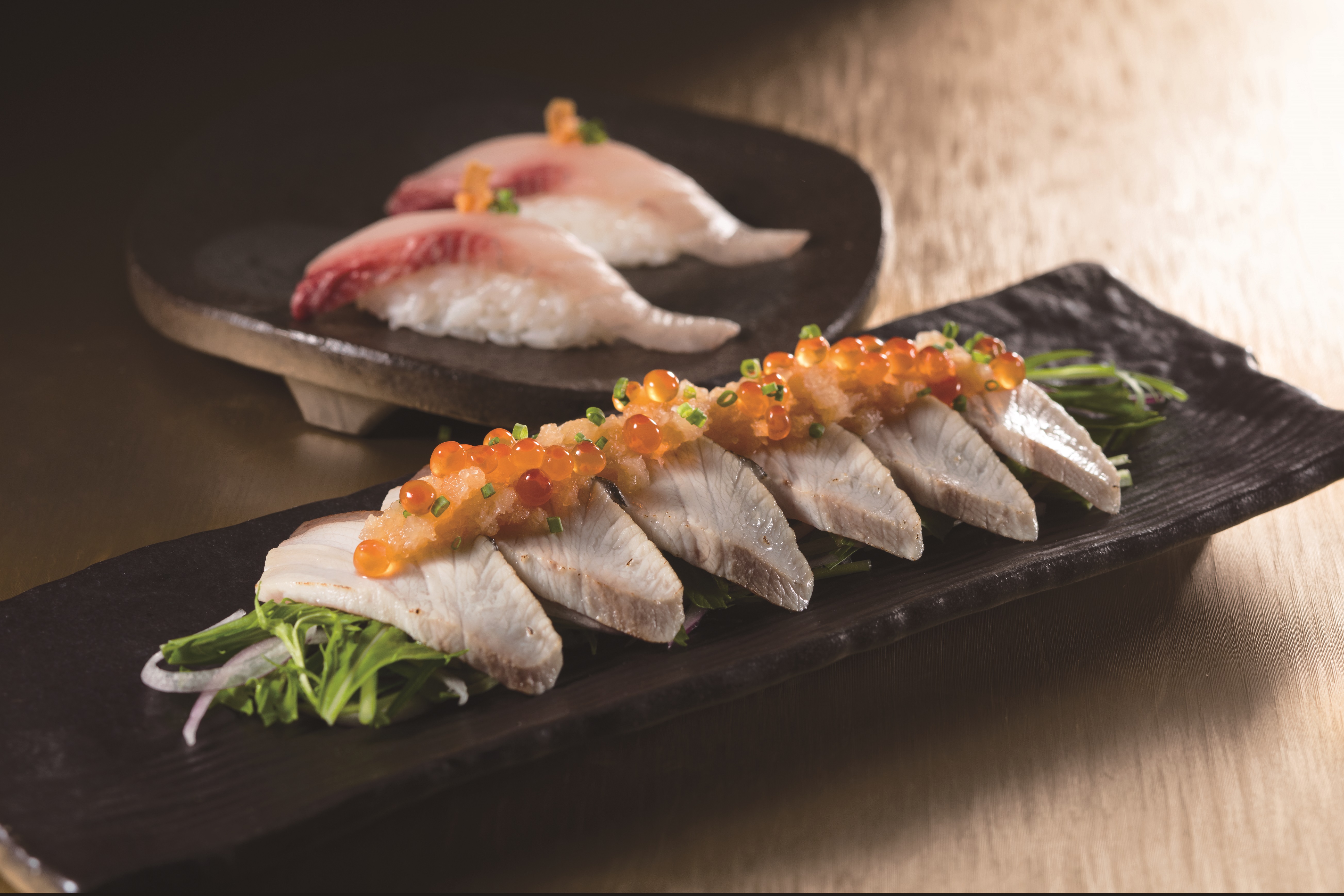 Seared Mukai Yellowtail Sashimi & Prime Mukai Yellowtail Sushi